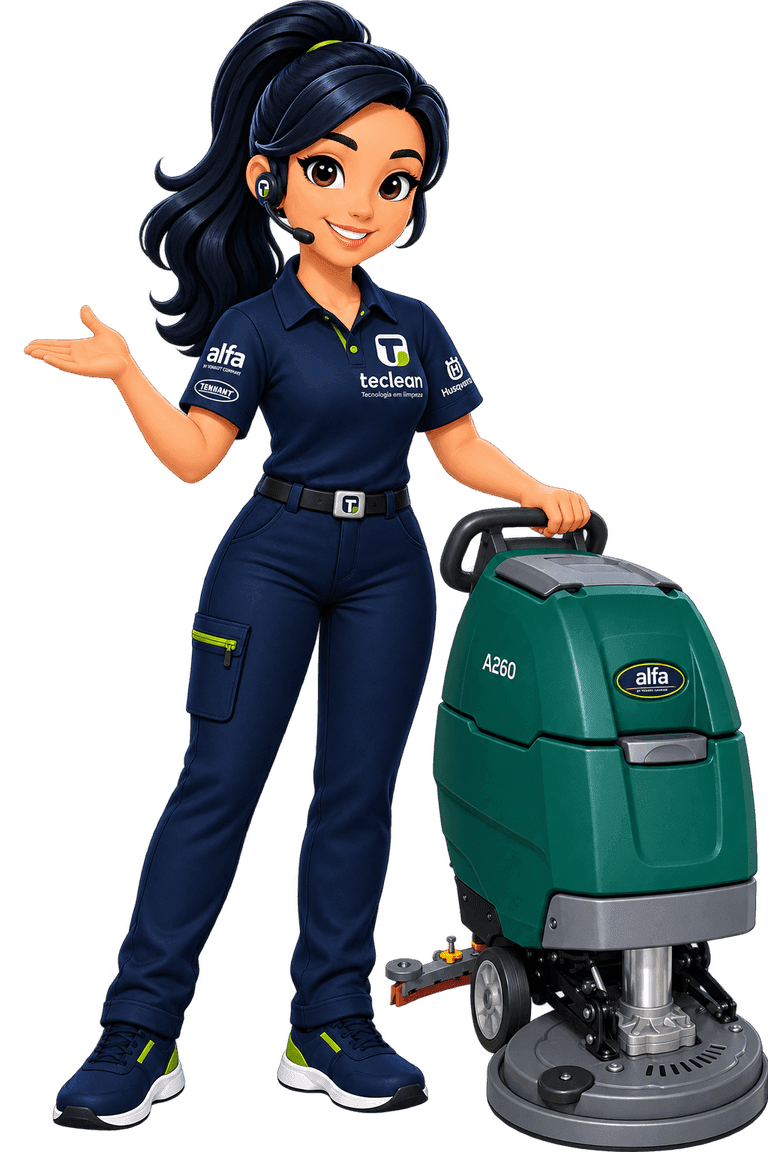 TECA, assistente virtual da Teclean, ao lado de uma lavadora de piso Alfa A260